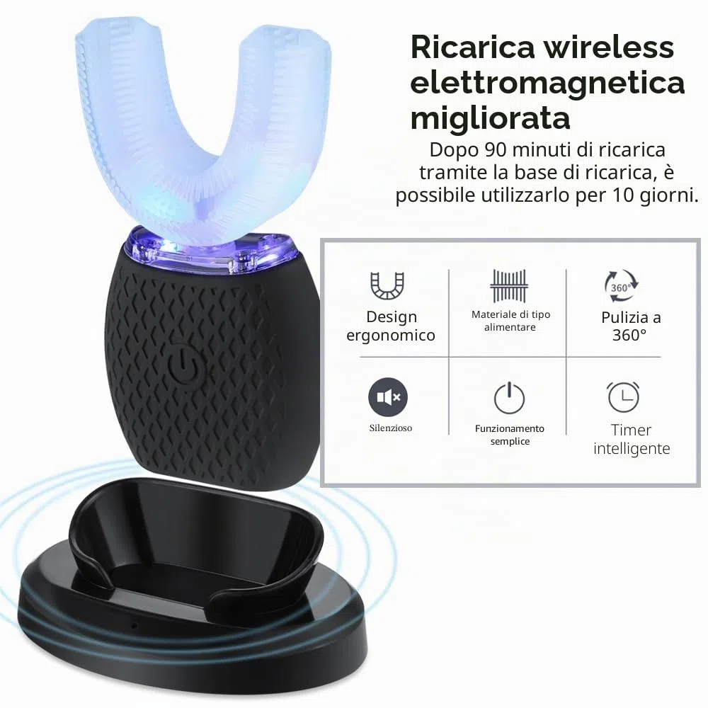 Spazzolino da denti ultrasonico, spazzolino automatico a 360°, spazzolino sonico, per adulti, con timer, nero