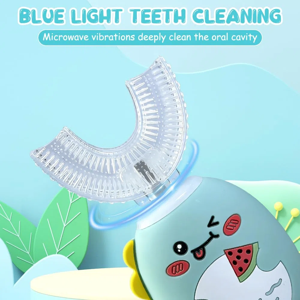 Spazzolino elettrico a forma di U per bambini, spazzolino da denti a ultrasuoni per bambini dai 2 ai 12 anni, spazzola Dino con 3 testine in silicone a forma di U e 1 testina dritta, timer 45s