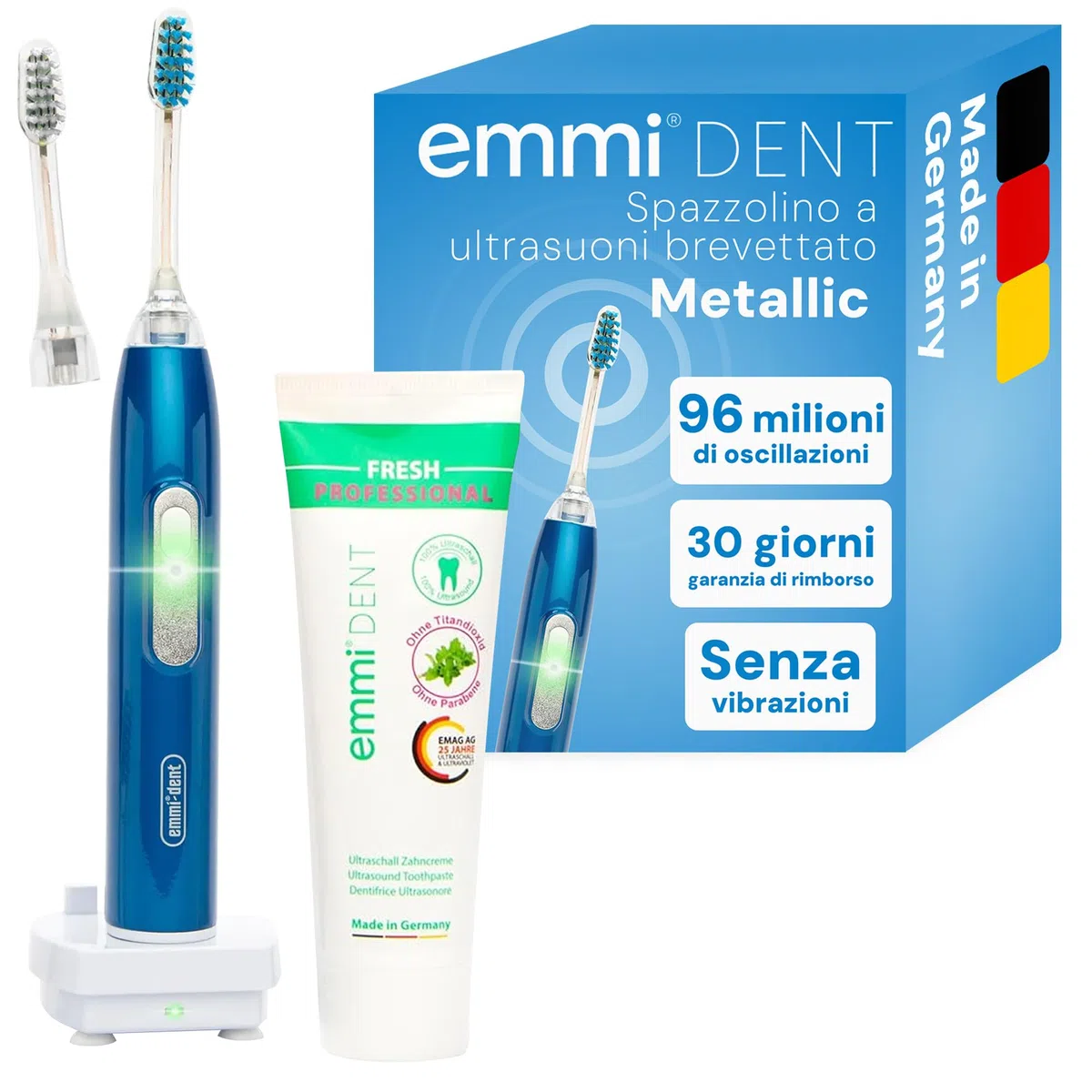 emmi-dent Metallic Spazzolino Elettrico a Ultrasuoni (Kit Base Blu) I Pulizia dei Denti Ottimale Senza Sfregare I Durata della Batteria Fino a 12 Giorni