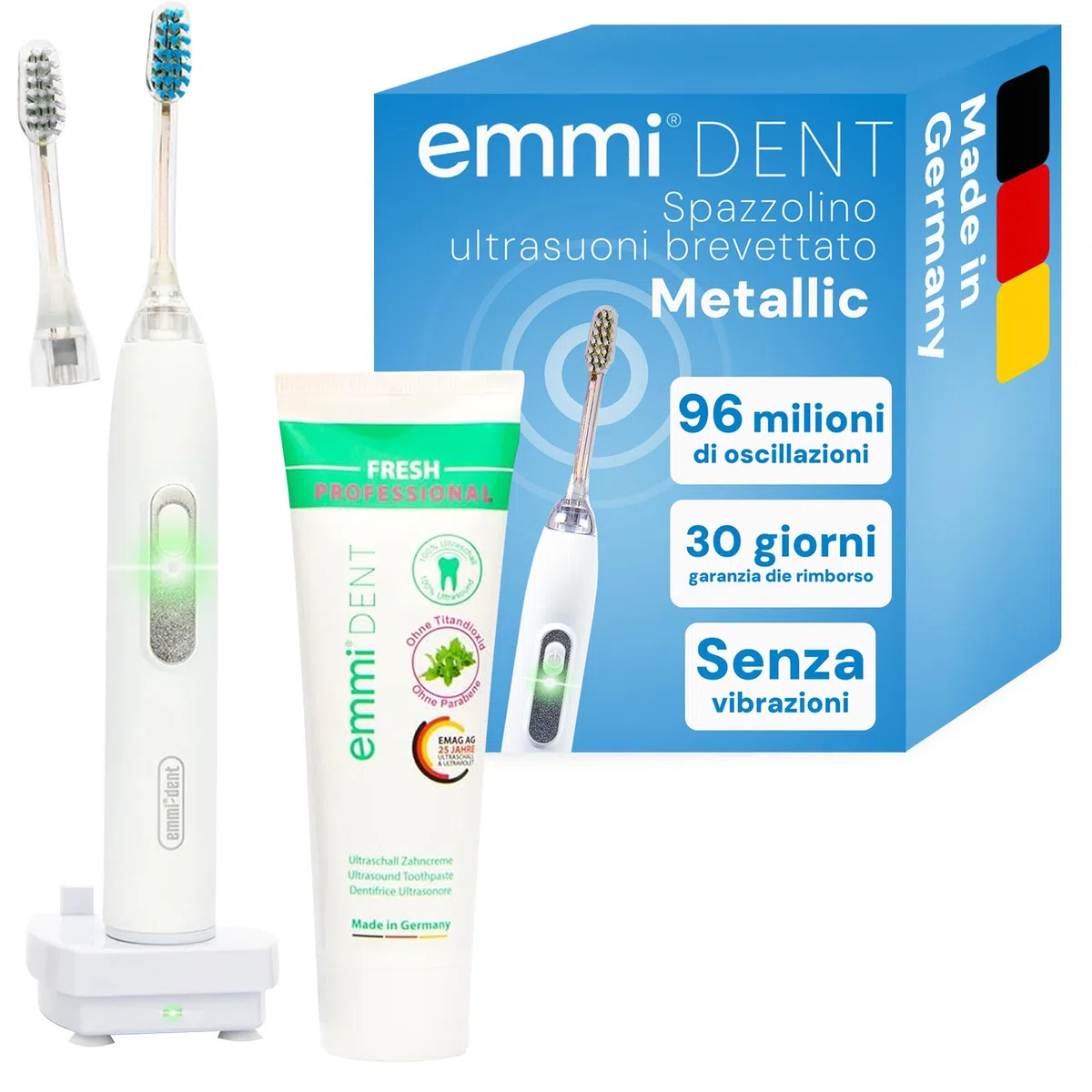 emmi®-dent Metallic Spazzolino Elettrico a Ultrasuoni (Kit Base Bianco) I Pulizia dei Denti Ottimale Senza Sfregare I Durata della Batteria Fino a 12 Giorni