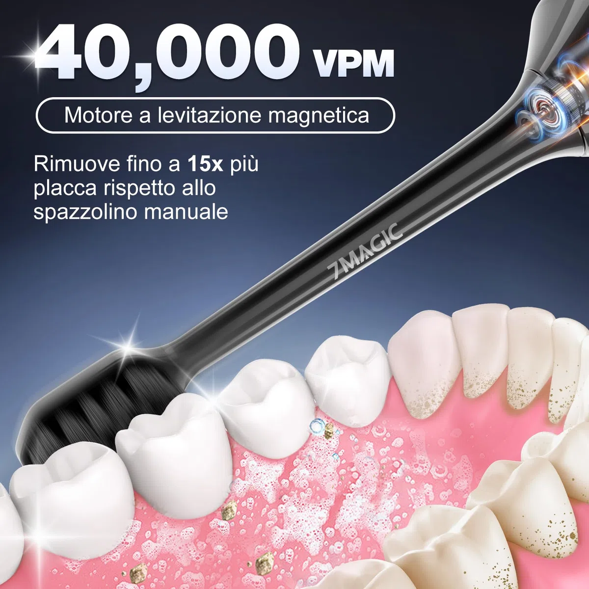 Spazzolino Elettrico, Spazzolini Elettrici, Spazzolino Sonico - 3 Intensità, 5 Modalità, 40000VPM, IPX7, Spazzolino Denti Elettrico Autonomia 180 Giorni e Timer, Spazzolino Elettrico Ultrasonica, Nero