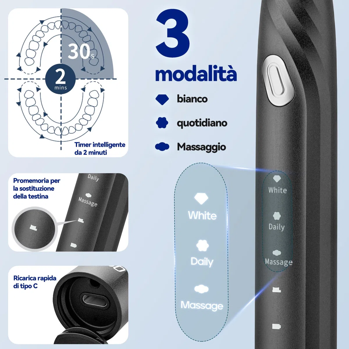 Seago spazzolino elettrico spazzolino da viaggio spazzolino portatile con 10 testine e custodia elettrico spazzolino denti morbido con porta Timer intelligente SG-2316 (Nero)
