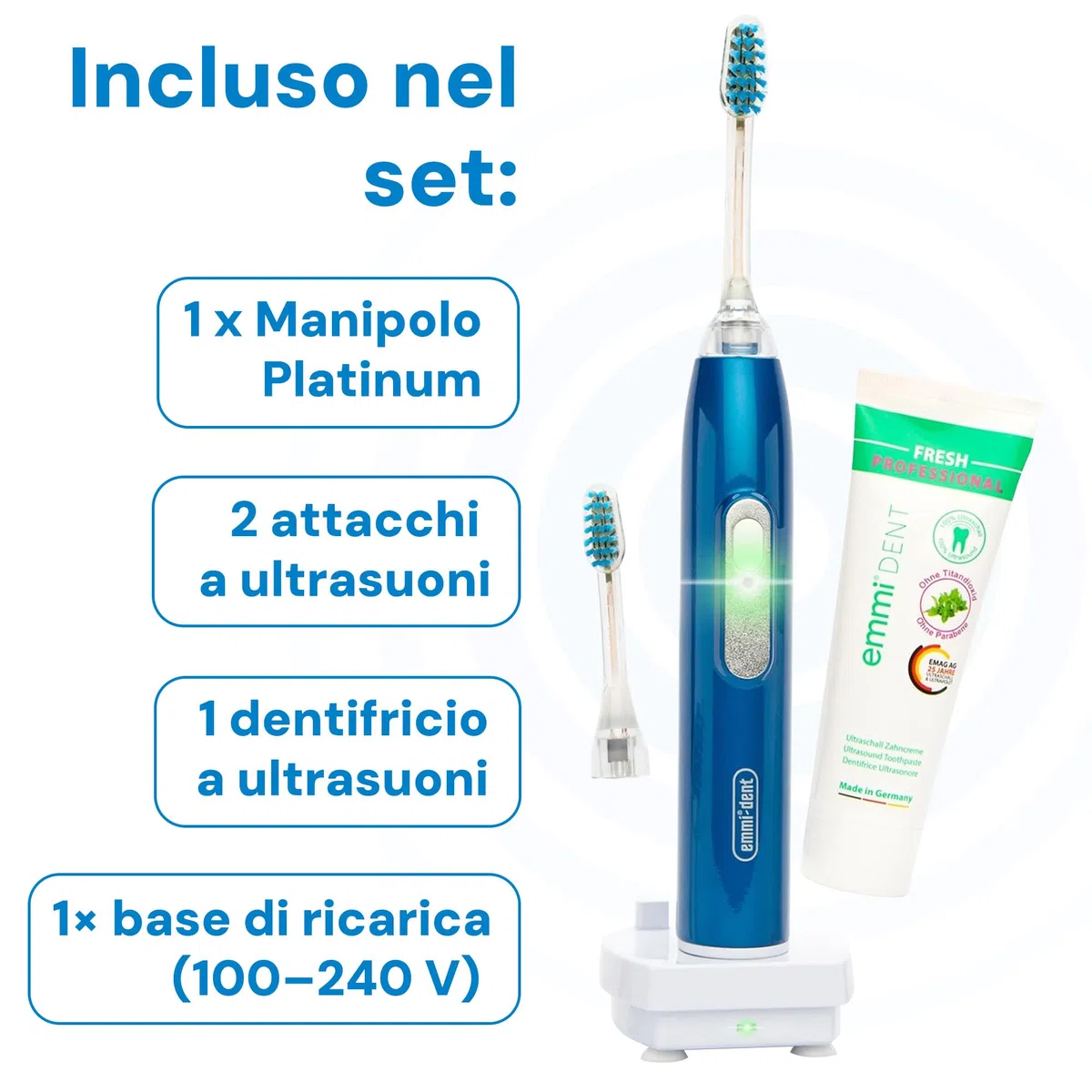 emmi-dent Metallic Spazzolino Elettrico a Ultrasuoni (Kit Base Blu) I Pulizia dei Denti Ottimale Senza Sfregare I Durata della Batteria Fino a 12 Giorni