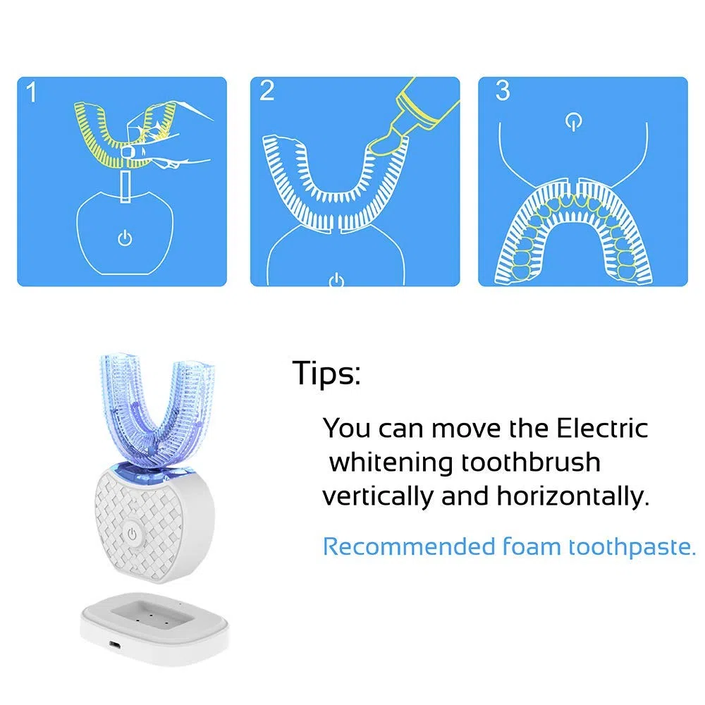 Spazzolino da denti automatico ad ultrasuoni, spazzolino elettrico a 360°, completamente automatico, impermeabile, IPX7 AI, funzione di memoria automatica, Blu-ray, sbiancamento senza fili (bianco)