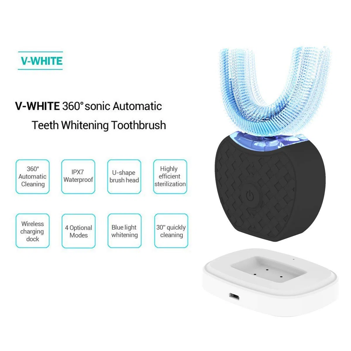 Spazzolino da denti automatico Ultrasuoni 360 Gradi Spazzolino elettrico Ultrasuoni, Sbiancamento dei denti con timer automatico, Spazzolino da denti a batteria lavabile