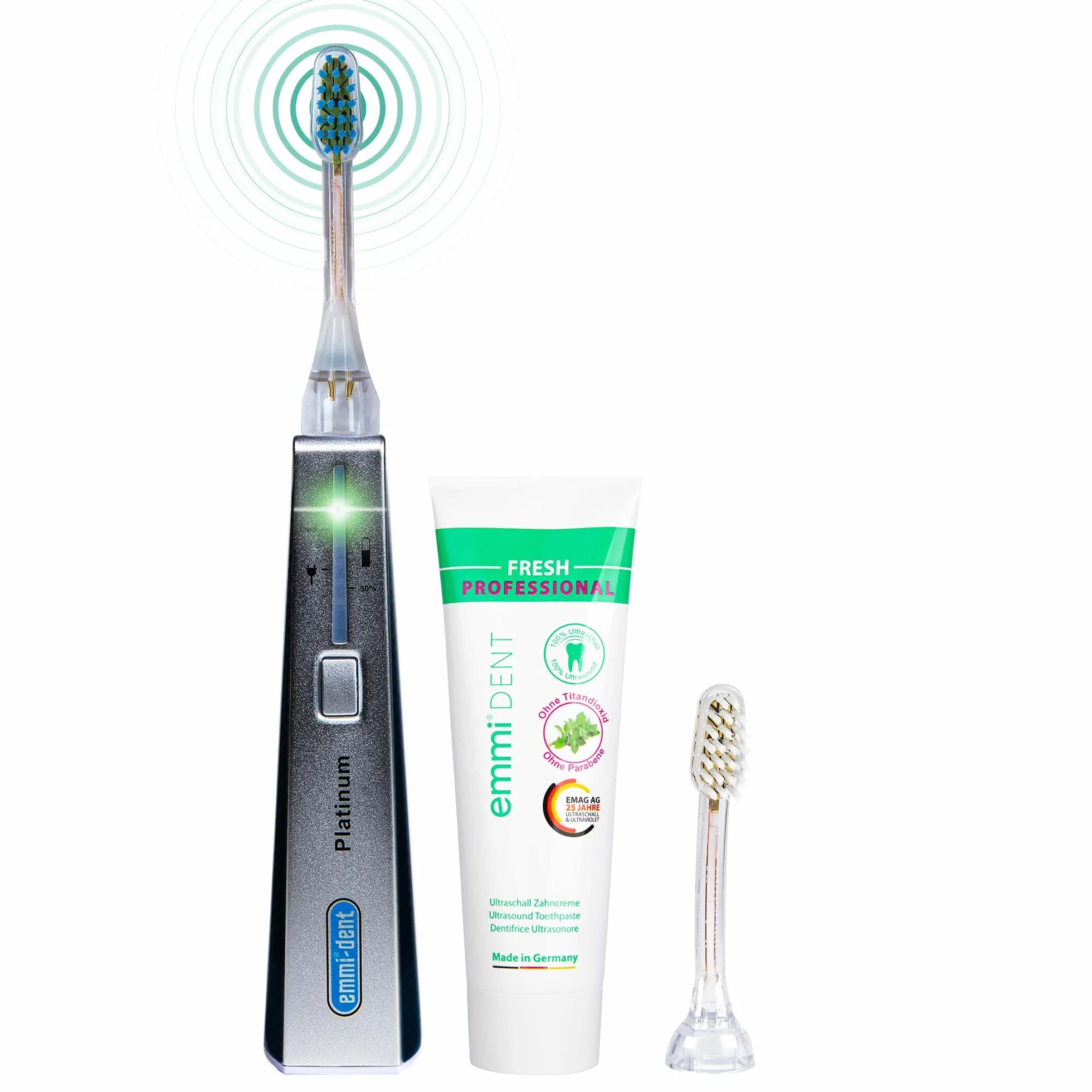 emmi-dent Platinum Spazzolino Elettrico a Ultrasuoni (Kit Base Carbon) I Pulizia dei Denti Ottimale Senza Sfregare I Durata della Batteria Fino a 15 Giorni
