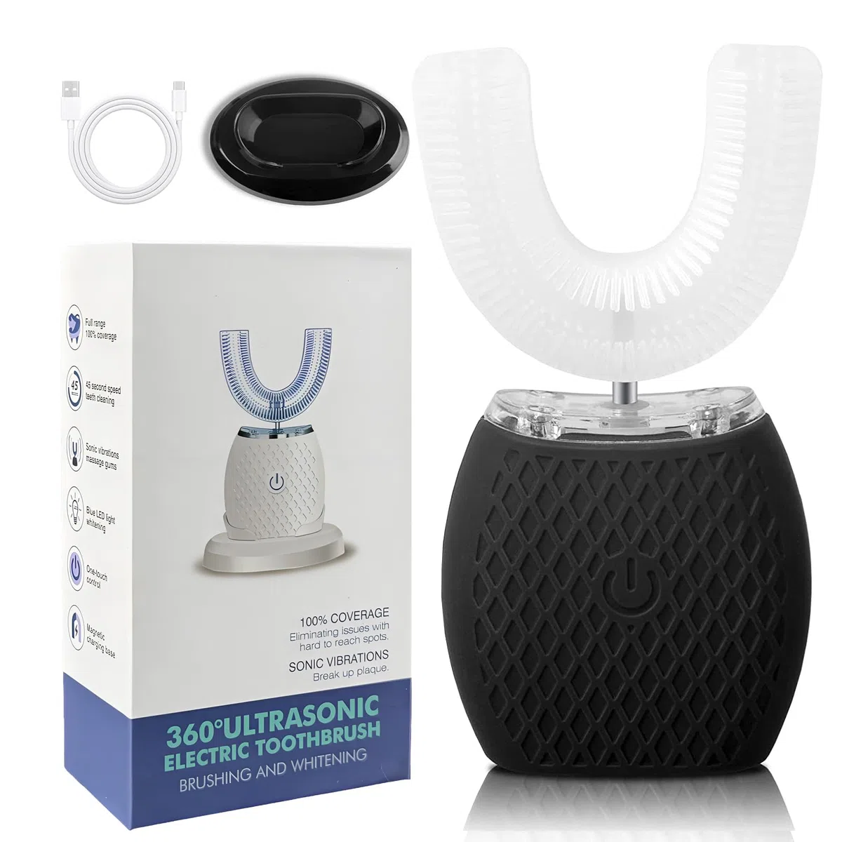 Spazzolino ad Ultrasuoni, Spazzolino Automatico, Elettrico Spazzolino per Sbiancamento dei Denti con Timer e Ricarica Wireless Spazzolino Elettrico a 360° per Adulti (Nero)