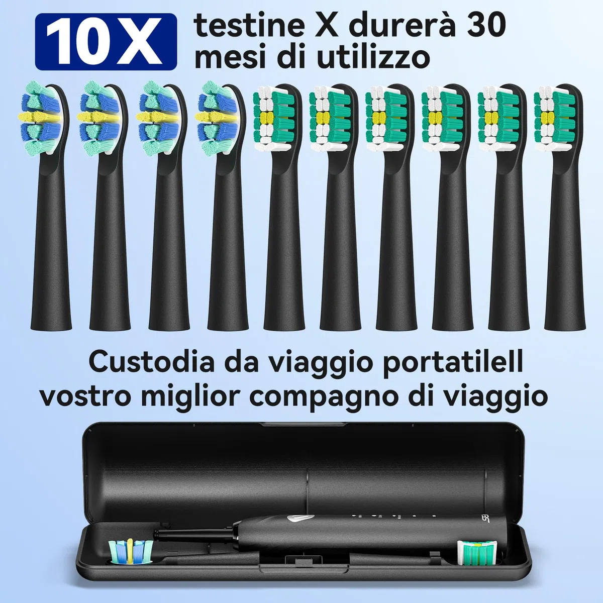Seago spazzolino elettrico spazzolino da viaggio spazzolino portatile con 10 testine e custodia elettrico spazzolino denti morbido con porta Timer intelligente SG-2316 (Nero)