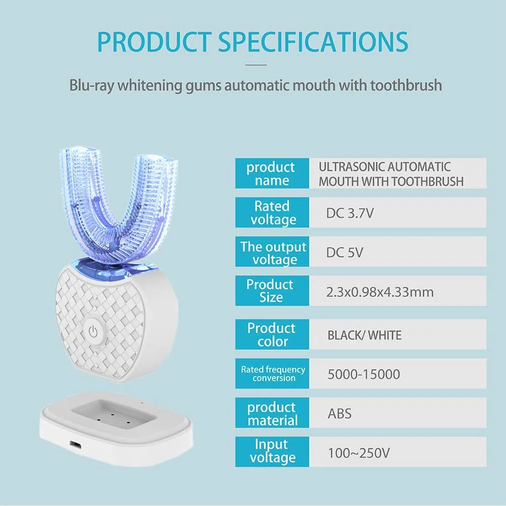 Spazzolino da denti automatico ad ultrasuoni, spazzolino elettrico a 360°, completamente automatico, impermeabile, IPX7 AI, funzione di memoria automatica, Blu-ray, sbiancamento senza fili (bianco)