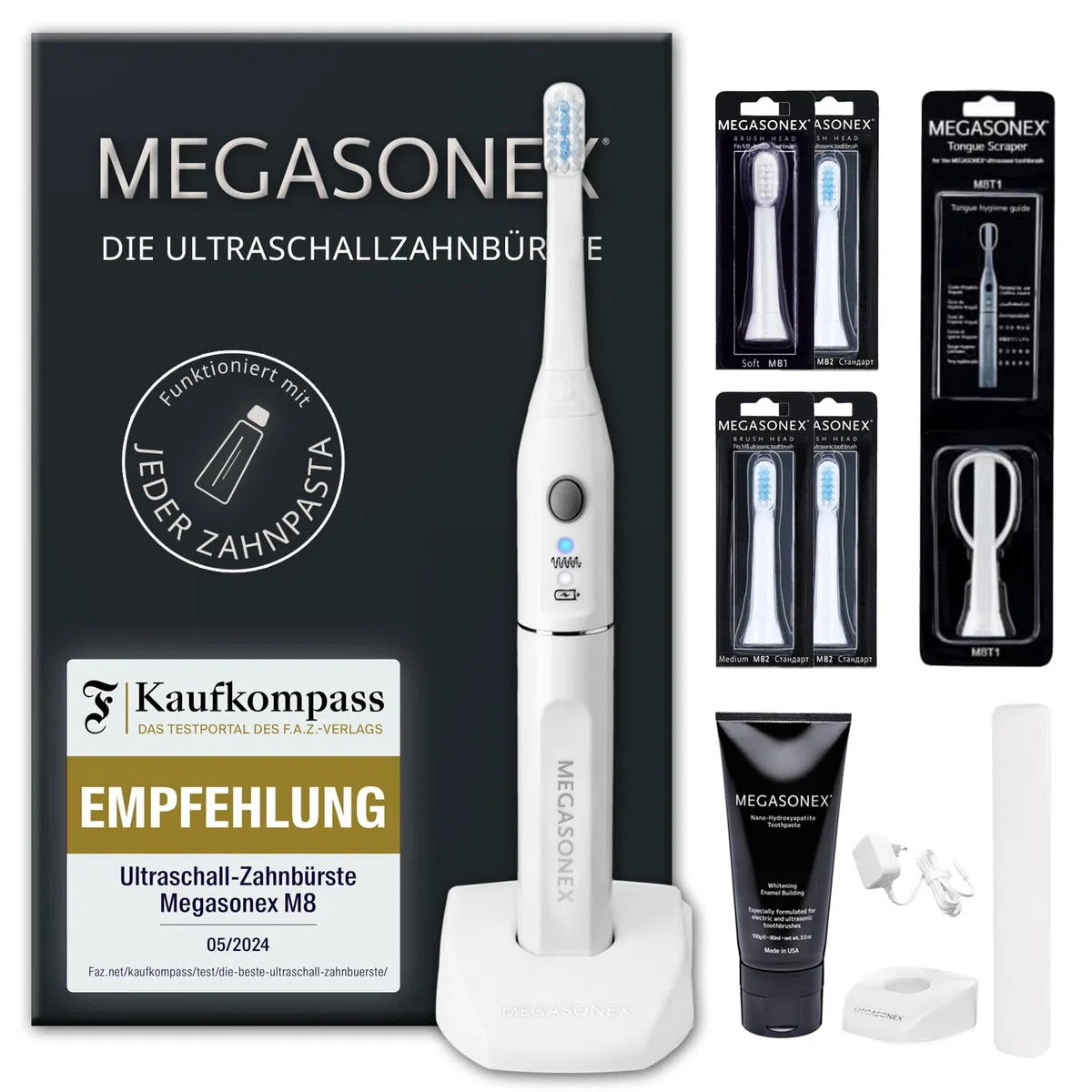 MEGASONEX Set di spazzolini a ultrasuoni M8, con dentifricio, inserto per lingua e 2 testine medie