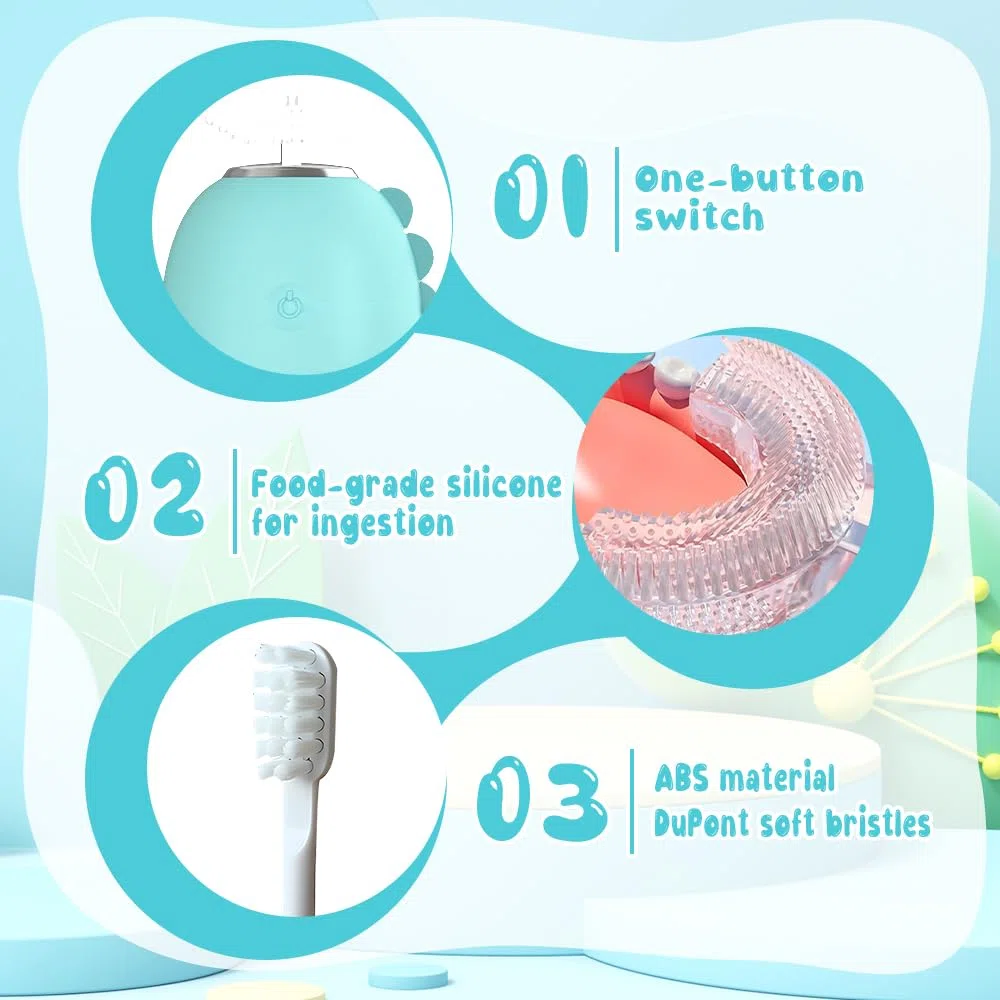 Spazzolino elettrico a forma di U per bambini, spazzolino da denti a ultrasuoni per bambini dai 2 ai 12 anni, spazzola Dino con 3 testine in silicone a forma di U e 1 testina dritta, timer 45s