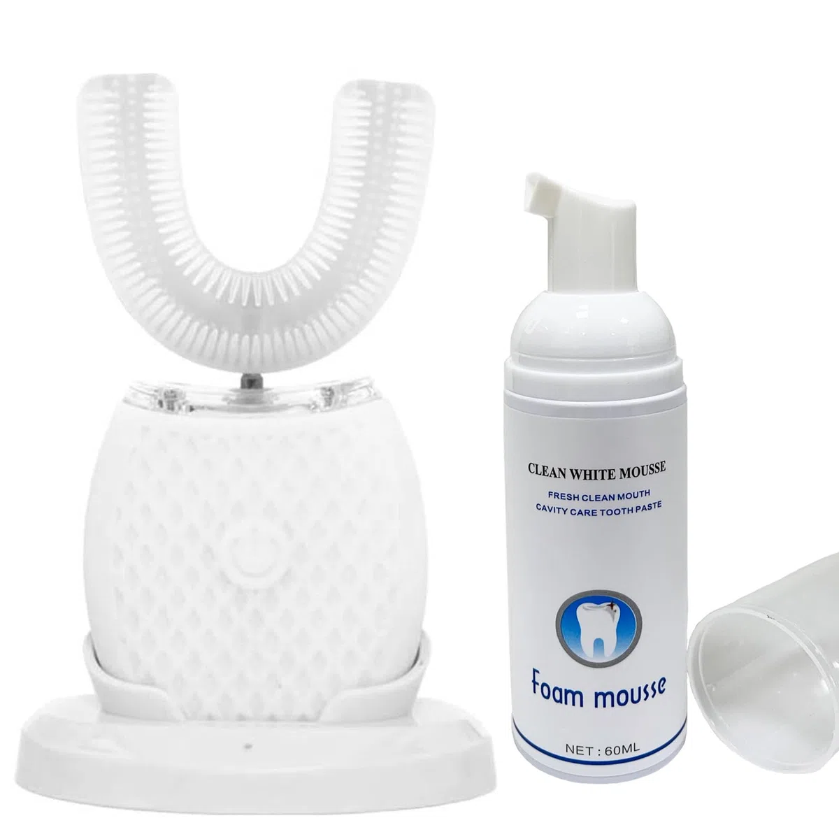 Spazzolino elettrico a ultrasuoni, spazzolino elettrico sonico con pulizia a 360°, design a U, 4 modalità, spazzolino sbiancante dei denti con timer, per adulti, efficace pulizia profonda (bianco)