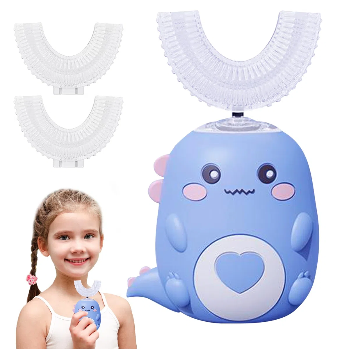 360° Spazzolino elettrico ad ultrasuoni, Spazzolino da denti elettrico con 3 testine di spazzola in silicone U, LED, ricaricabile e IPX7 impermeabile, per bambini, casa, viaggio (blu 2-6 anni)