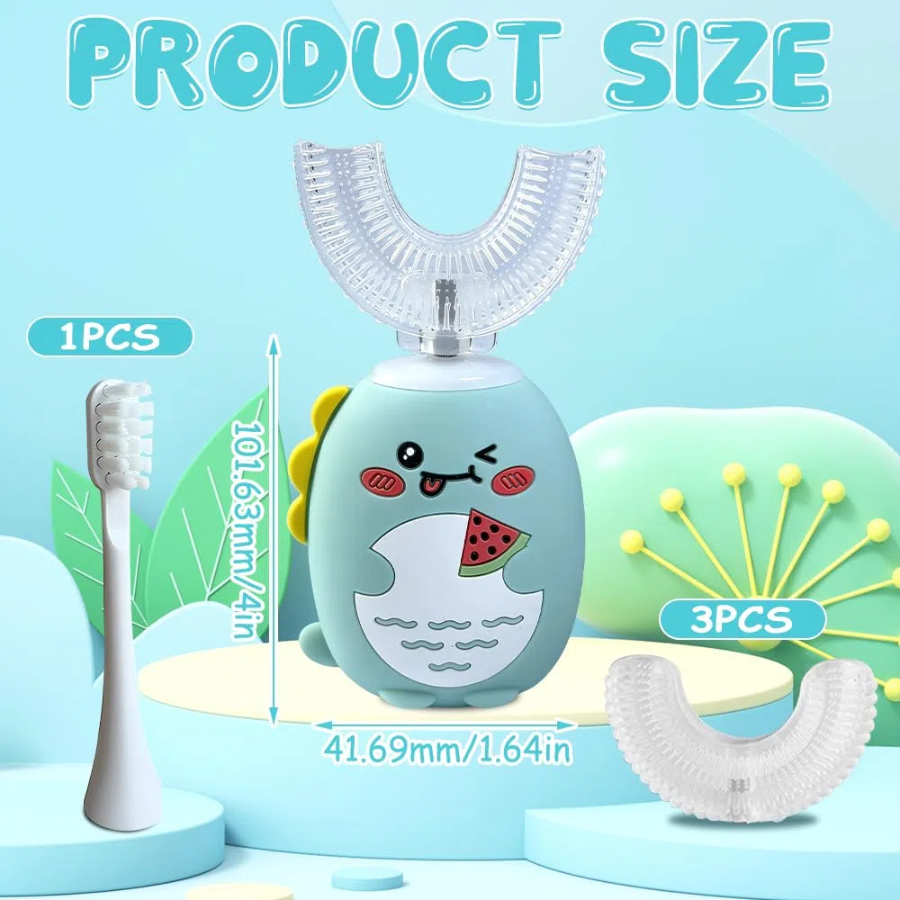 Spazzolino elettrico a forma di U per bambini, spazzolino da denti a ultrasuoni per bambini dai 2 ai 12 anni, spazzola Dino con 3 testine in silicone a forma di U e 1 testina dritta, timer 45s