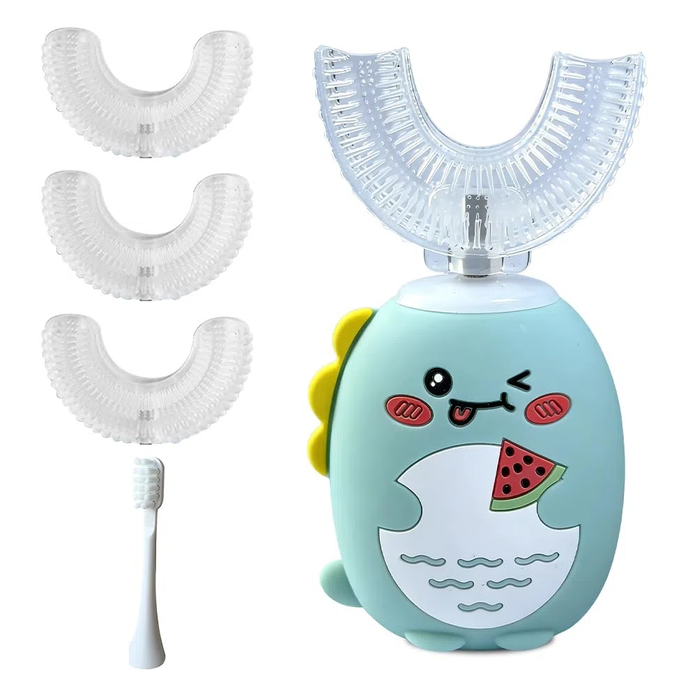 Spazzolino elettrico a forma di U per bambini, spazzolino da denti a ultrasuoni per bambini dai 2 ai 12 anni, spazzola Dino con 3 testine in silicone a forma di U e 1 testina dritta, timer 45s