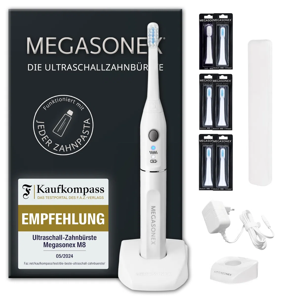 MEGASONEX Spazzolino da denti a ultrasuoni M8, con 2 livelli di vibrazione, inoltre include 4 testine medie