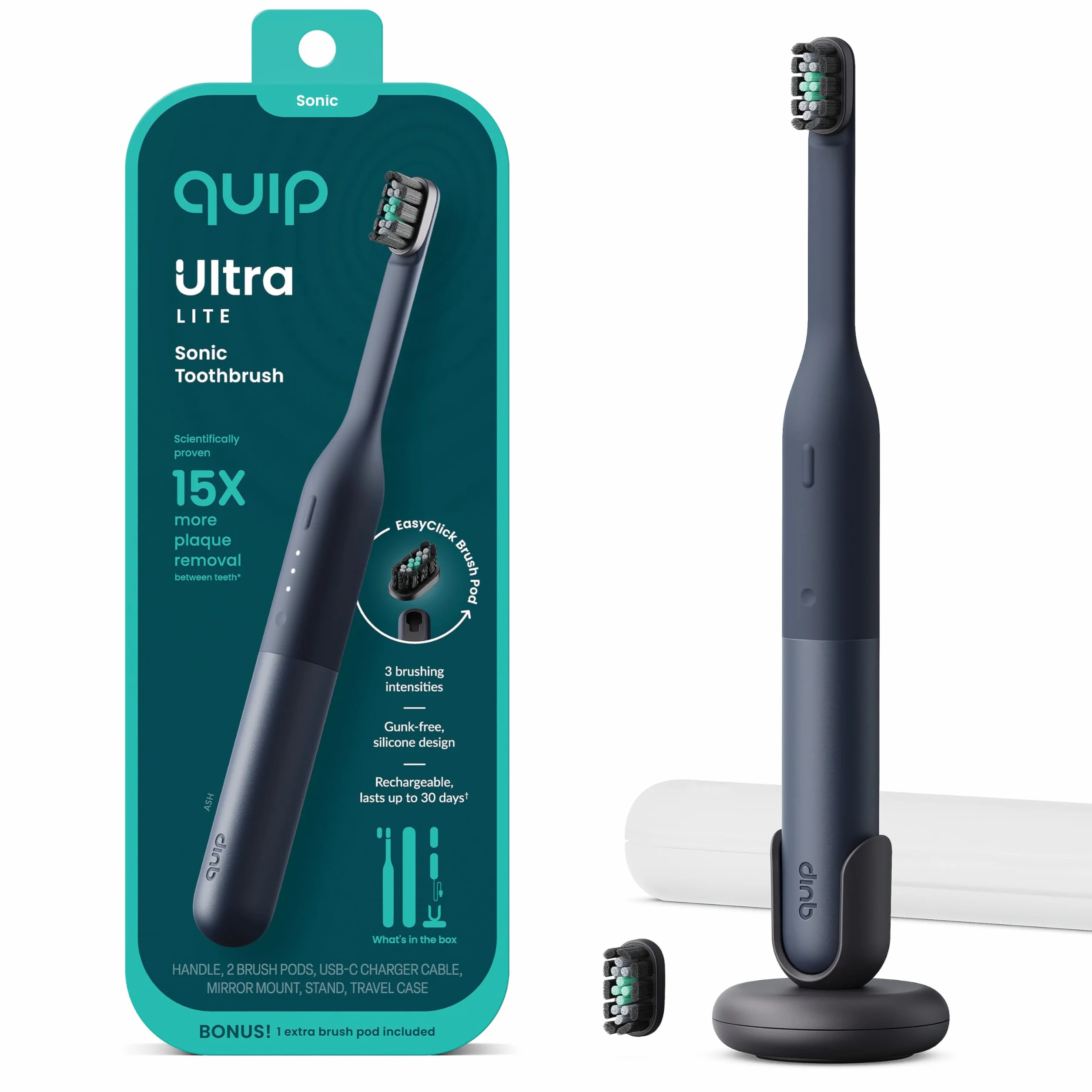Quip Ultra Lite - Spazzolino elettrico a tempo con custodia, testina sostituibile, setole morbide, manico in silicone e plastica, durata della batteria 30 giorni, spazzolino da viaggio - Ash