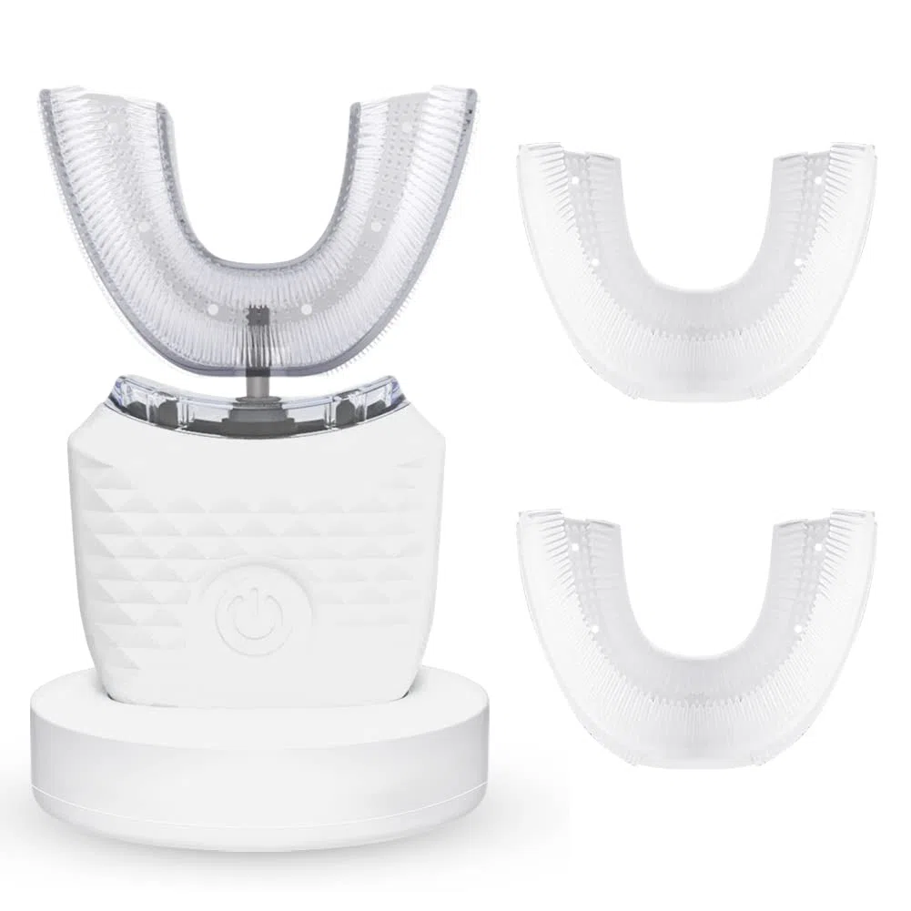 Spazzolino Ad Ultrasuoni Automatico, Spazzolini ad Ultrasuoni a 360 ° Spazzolino Elettrico e Kit di Sbiancamento dei Denti, 2 Testa di Ricambio, IPX7 Impermeabile (Bianco)