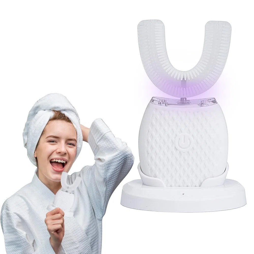 Spazzolino elettrico ad ultrasuoni, Spazzolino elettrico ad ultrasuoni automatico a 360°, Spazzolino elettrico sonico a forma di U per adulti (bianco)