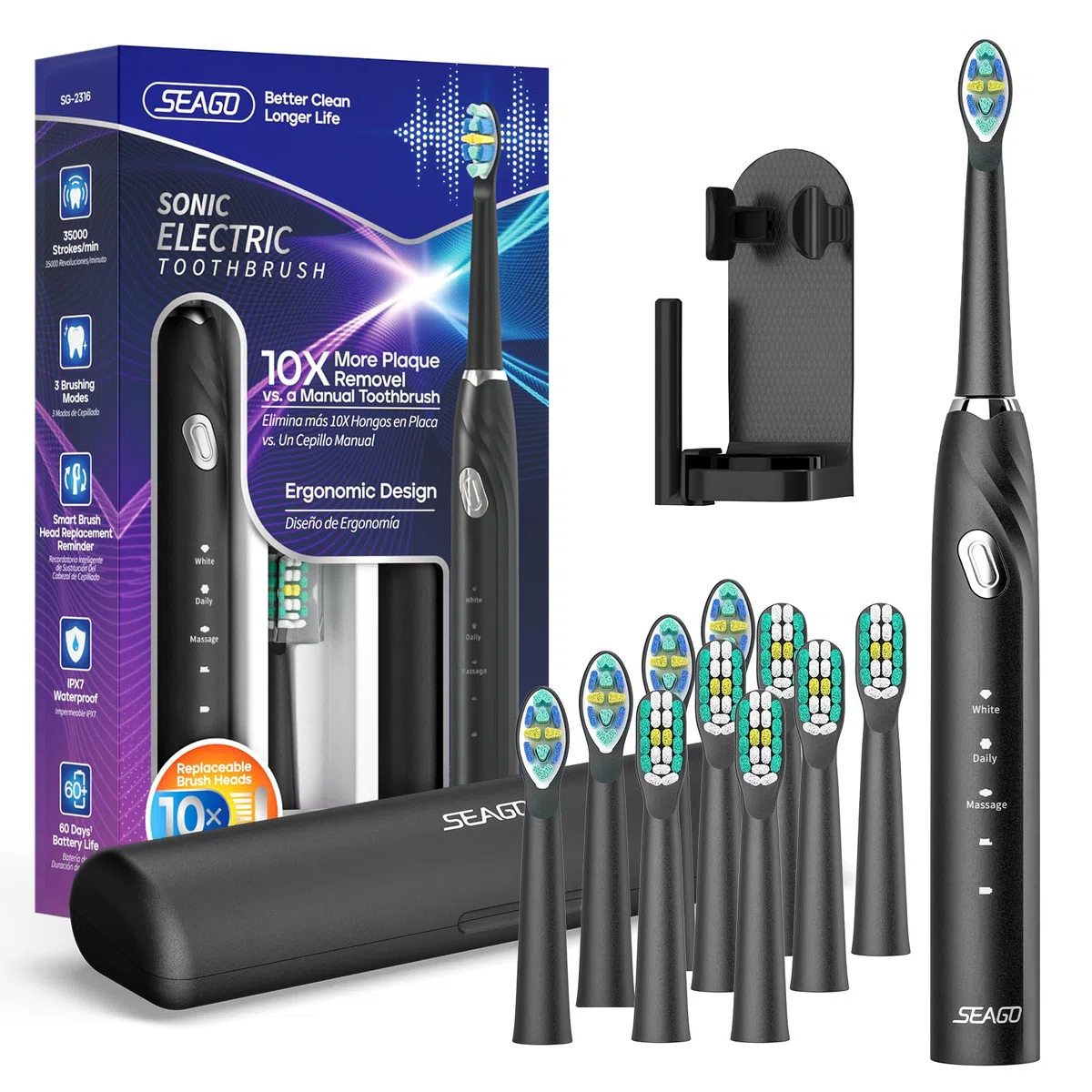Seago spazzolino elettrico spazzolino da viaggio spazzolino portatile con 10 testine e custodia elettrico spazzolino denti morbido con porta Timer intelligente SG-2316 (Nero)