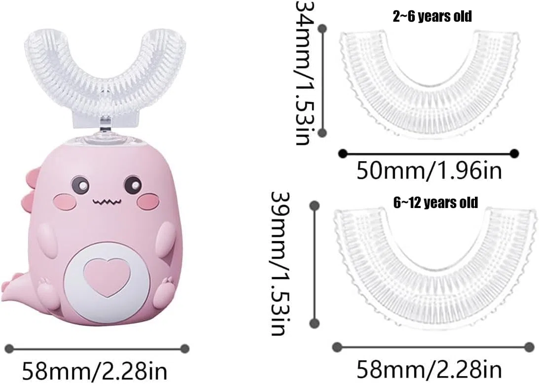 Spazzolino da denti elettrico a ultrasuoni a 360º, con 2 testine in silicone a forma di U, spazzolino automatico con LED e luce effetto dinosauro, per bambini dai 7 ai 12 anni, per bambini e bambine