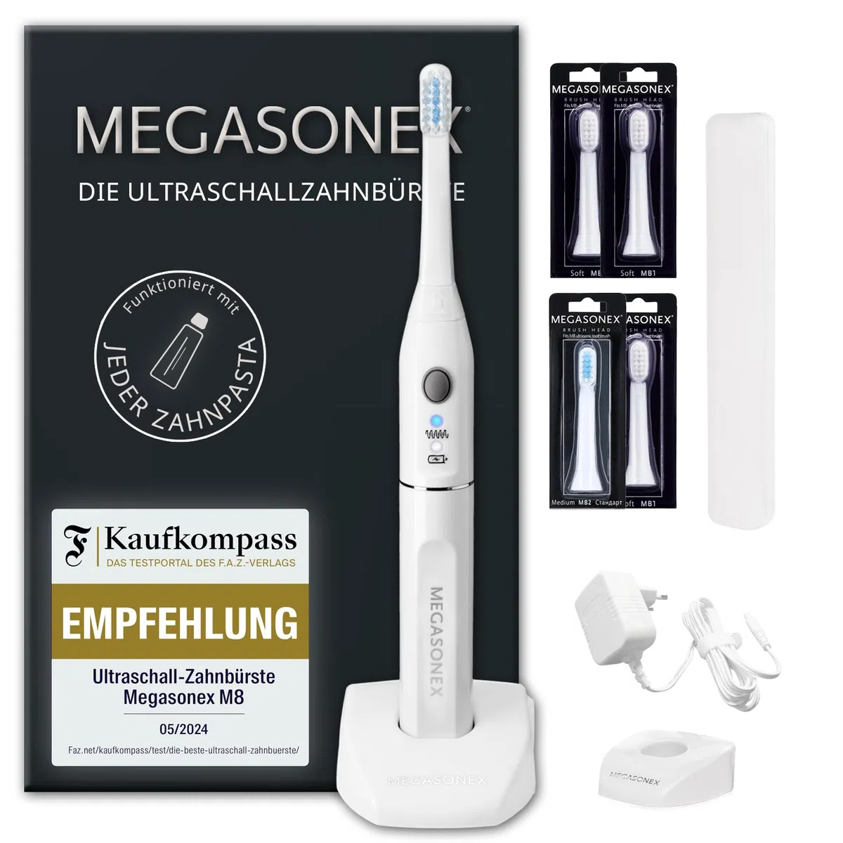 Megasonex M8 - spazzolino a ultrasuoni + due testine di ricambio per spazzolino medio blanc